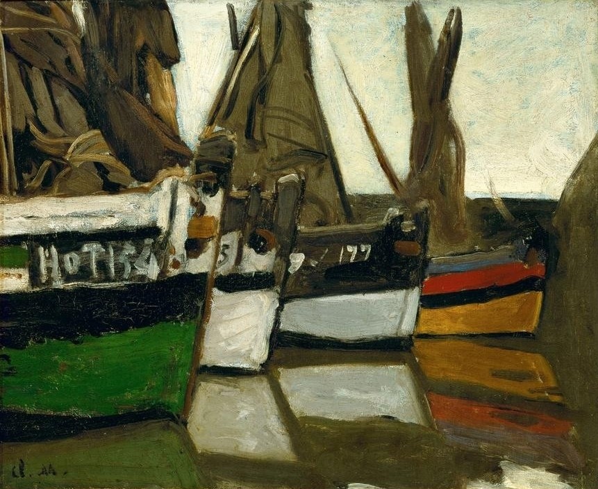 Claude Monet, Bateaux de pêche, Honfleur (Fischerei,Hafen,Kunst,Landschaft,Schiff,Schiffstypen,Fischerboot,Impressionismus,Marinemalerei,Stadtansicht,Französische Kunst,Fischkutter,Schifffahrt)