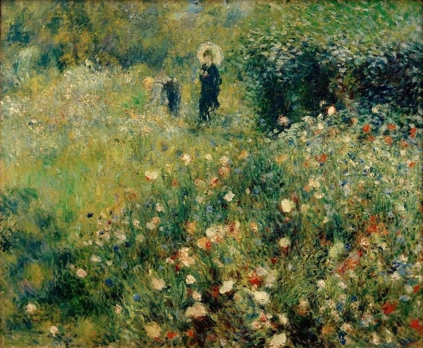 Pierre-Auguste Renoir, Frau mit Sonnenschirm in einem Garten (Frau,Gärtner,Garten Und Park,Jahreszeiten,Kunst,Landschaft,Mann,Menschen Im Park,Mensch,Freizeit,Sommer,Spaziergang,Impressionismus,Wiese,Sonnenschirm,Französische Kunst,Im Freien (Allgemein),Ziergarten,Menschen Im Garten,Frauenleben,Blume,Sonnenschein,Na)