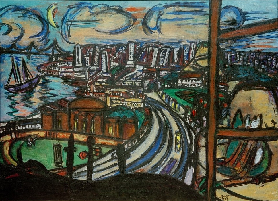 Max Beckmann, San Francisco (Städte, Meer, Hochhäuser, USA, Expressionismus, Klassische Moderne, Malerei, Wohnzimmer, Treppenhaus, Wunschgröße, bunt)