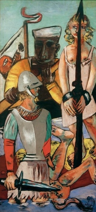 Max Beckmann, Versuchung (Versuchung des hl. Antonius) (Triptychon, Religion, Heiliger Antonius, Bibel, Detail, Expressionismus, Klassische Moderne, Malerei, Wohnzimmer, Treppenhaus, Wunschgröße, bunt)