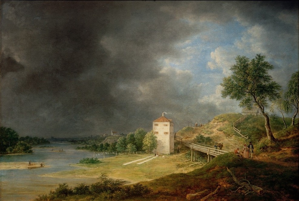 Johann Jakob Biedermann, Isarlandschaft beim Brunnhaus Brunnthal (Landschaft, Landschaftsmalerei, Unwetter, Wolken, Fluss, Isar, Wunschgröße, Klassiker, Wohnzimmer, bunt)