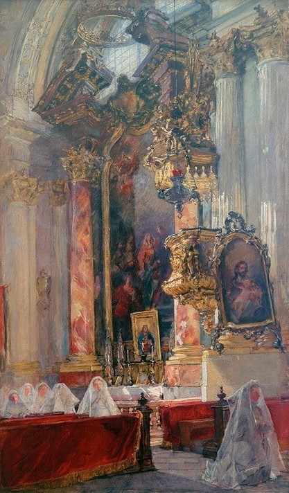 Gotthardt Kuehl, Inneres der Münchner Damenstiftskirche  (Kirche, Mittelschiff, Barock, Damen, Salesianerinnen, Religion, Interieur, Malerei, Klassiker, Wohnzimmer, Wunschgröße, bunt)