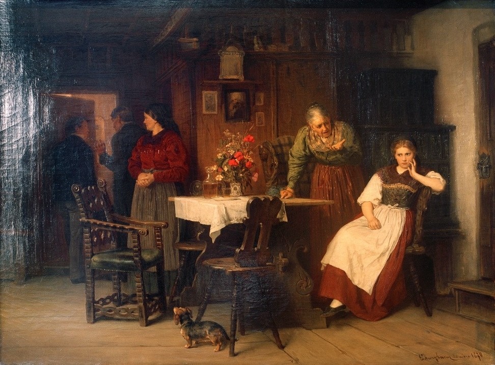 Eduard Kurzbauer, Der abgewiesene Freier  (Genre, Bauernstube, Familienszene, Interieur, Menschen, rustikal, Klassiker, Wohnzimmer, Wunschgröße, bunt)