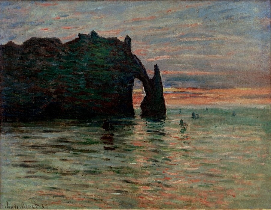 Claude Monet, Coucher de Soleil (Küste,Landschaft,Sonnenuntergang,Tageszeiten,Abend,Meer,Impressionismus,Felsen,Französische Kunst,Steilküste,Abendrot)