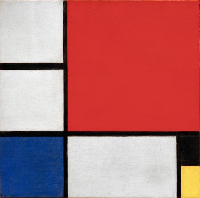 Piet Mondrian, Komposition II (Geometrie,Kunst,Abstrakte Kunst,Niederländische Kunst,Blau,Schwarz,Abstraktion,Rot,Gelb,Quadrat,Form,Weiss (Farbe),Vertikale,Primärfarben,Nichtfarben,Rechter Winkel,Horizontale,Neo-Plastizismus,Farbe)