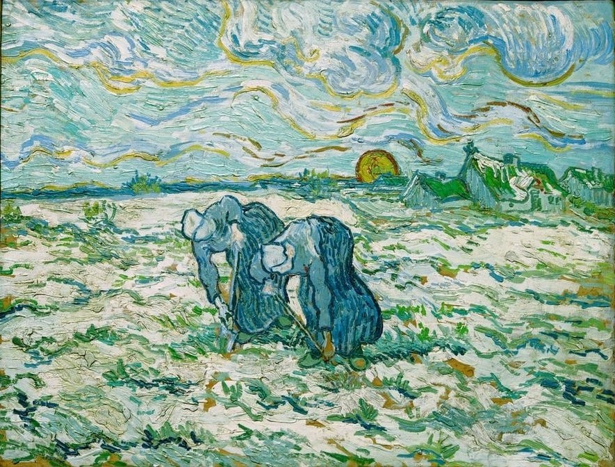 Vincent van Gogh, Zwei grabende Bäuerinnen auf schneebedecktem Feld (Ackerbau,Kunst,Landschaft,Winter,Impressionismus,Schnee,Bäuerin,Niederländische Kunst,Spaten,Holländische Kunst,Bücken,Feldarbeit,Umgraben,Rübenanbau,Graben (Tätigkeit),Landwirtschaft)