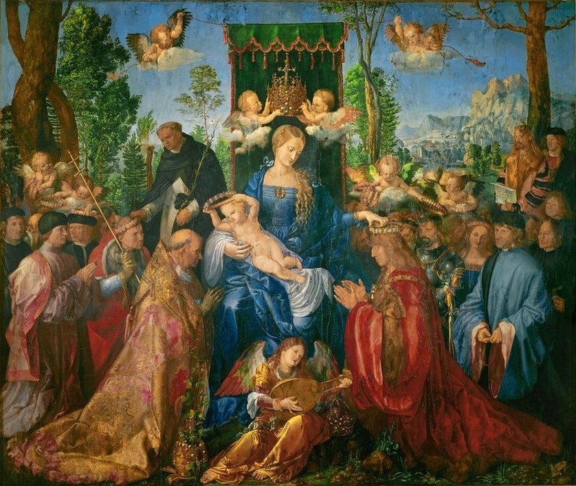 Albrecht Dürer, The Feast of the Rose Garland (Geistlicher,Engel,Kaiser,Kind,Papst,Rose,Blumenkranz,Renaissance,Maria Mit Kind,Jungfrau,Thron,Kleidung (Allgemein),Blume,Kranz)