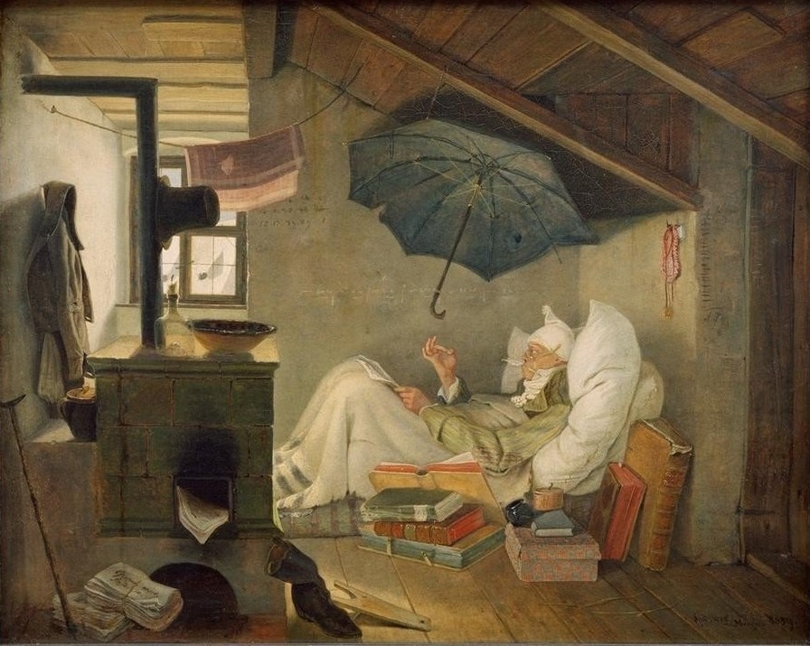 Carl Spitzweg, Der arme Poet (Armut,Bett,Buch,Deutsche Kunst,Dichterleben,Junggeselle,Dichter,Literatur,Mann,Soziales,Wohnung,Biedermeier,Unordnung,Kissen,Kachelofen,Dichter Bei Der Arbeit,Regenschirm,Ofen (Heizung),Frieren,Dachwohnung,Dachkammer,Zipfelmütze,Schlafmütze,Wäscheleine,Ei)