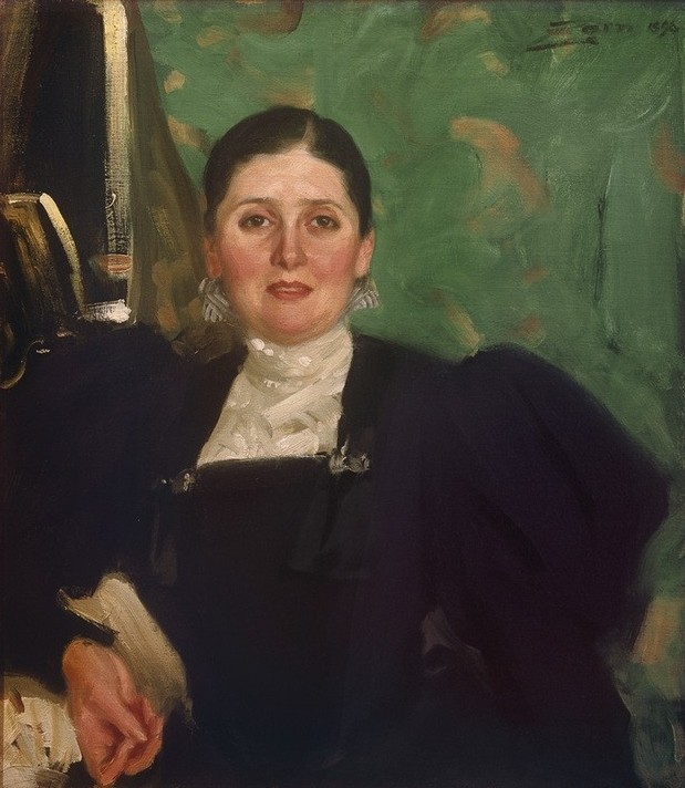 Anders Zorn, Martha Liebermann  (Portrait, Künstlergattin, Frau,  Eleganz, Klassiker, Realismus, Wunschgröße, Treppenhaus, Wohnzimmer, bunt)