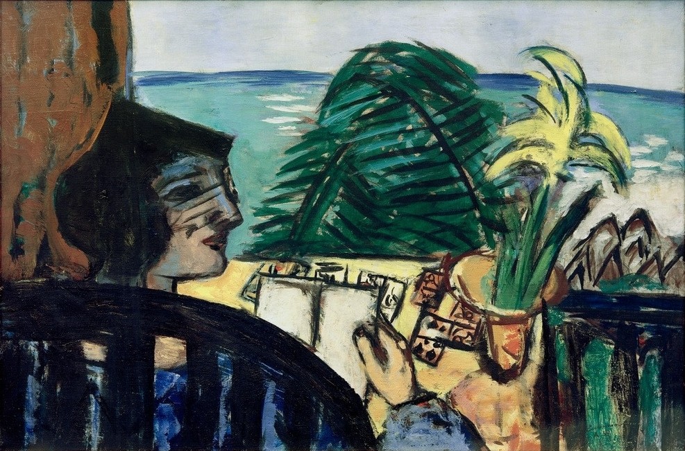 Max Beckmann, Frau lesend am Meer (Balkon, Frau, buch, Lesende, ausblick, Meer, Urlaub, Expressionismus, Klassische Moderne, Malerei, Wohnzimmer, Treppenhaus, Wunschgröße, bunt)