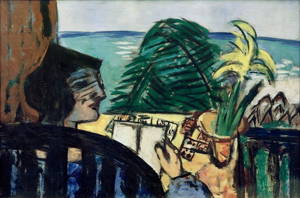 Max Beckmann, Frau lesend am Meer (Balkon, Frau, buch, Lesende, ausblick, Meer, Urlaub, Expressionismus, Klassische Moderne, Malerei, Wohnzimmer, Treppenhaus, Wunschgröße, bunt)