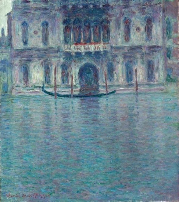 Claude Monet, Le Palais Contarini, Venise (Palazzo Contarini del Zaffo, V (Architektur,Boot,Geographie,Kanal,Kunst,Stadt,Gondel,Impressionismus,Fassade,Vedute,Architekturdarstellung,Französische Kunst,Binnenschiffahrt,Ansicht,Aussenansicht,Topographie,Frontalansicht,Palazzo,Signatur,Schifffahrt,Wasserweg)