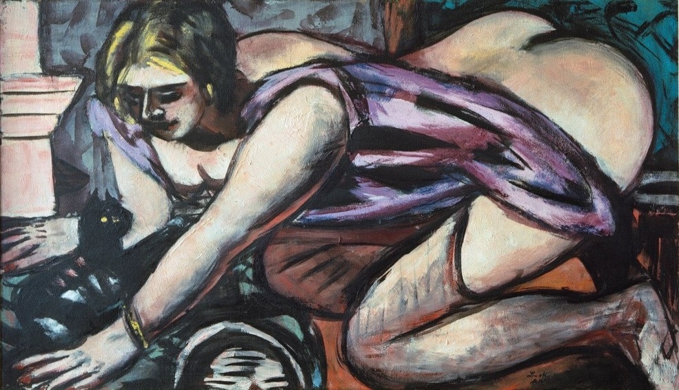 Max Beckmann, Halbakt mit Katze (Akt, aktmalerei, Fau, knieende Frau, Gesäß, Katze, Expressionismus, Klassische Moderne, Malerei, Wohnzimmer, Treppenhaus, Wunschgröße, bunt)