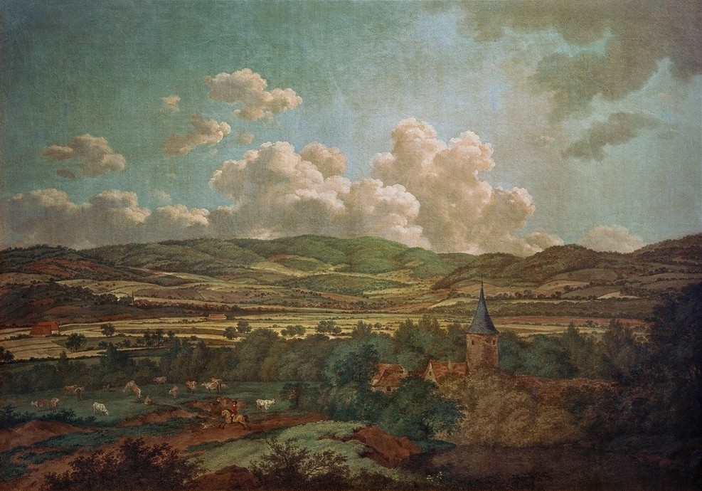 Ferdinand Kobell, Blick von Aschaffenburg nach Goldbach  (Natur, Landschaftsmalerei, Landschaft, Panorama, Bayern, Hügel, Dorf, Klassiker, Wunschgröße, Wohnzimmer, bunt)