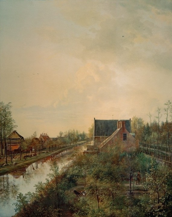 Pieter Gerardus, Ein Kanal bei Gravenland  (Landschaft, Landschaftsmalerei, Kanal, Gebäude, Dorf, Niederlande, Klassiker, Wunschgröße, Malerei, Wohnzimmer,)