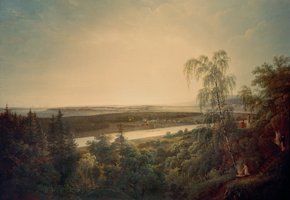 Johann Christian, Elblandschaft mit Blick auf Dresden  (Landschaft, Landschaftsmalerei, Fluss, Elbe, Panorama, Wunschgröße, Klassiker, Malerei)