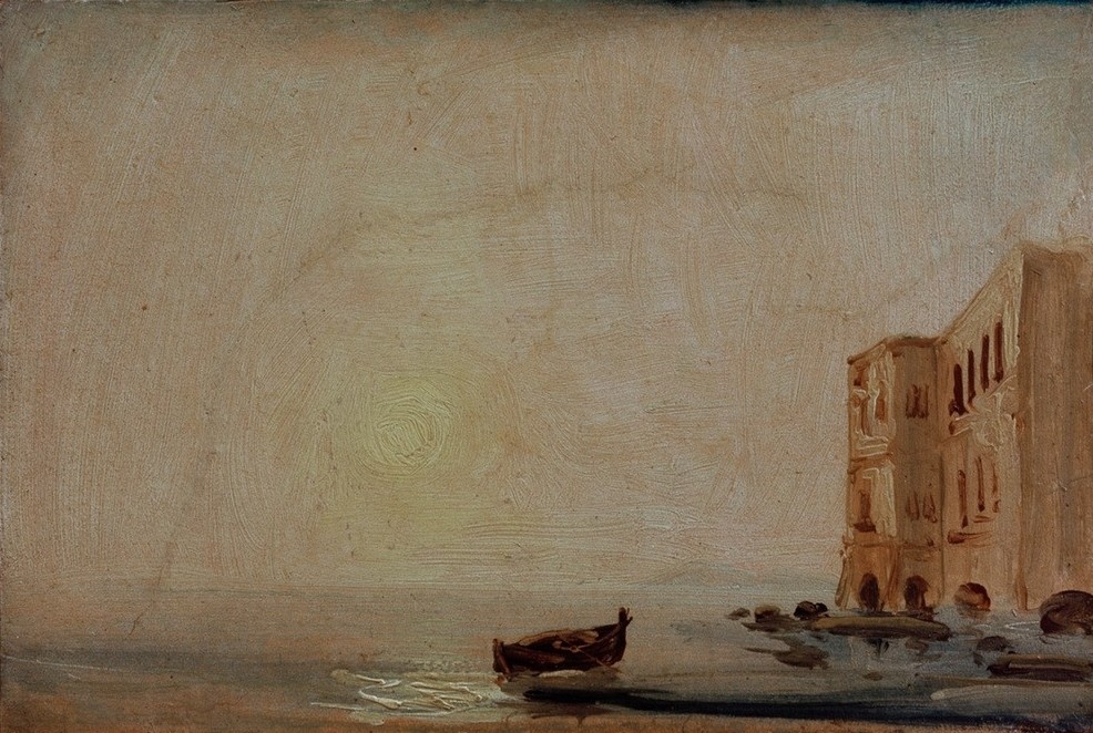 Karl Blechen, Sonne über dem Meer (Realismus, Meer, Gebäude, Sonnenuntergang, diffus, Dunst, Strand, Horizont, Klassiker, Malerei, Wunschgröße, Wohnzimmer, bunt)