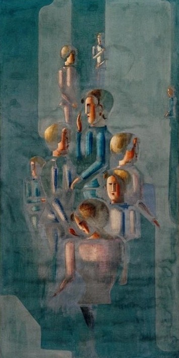 Oskar Schlemmer, Folkwang-Zyklus: Unterricht II (Bauhaus,Deutsche Kunst,Gruppenbild,Kunst,Pädagogik,Universität,Vorlesung,Student,Unterricht,Professor,Entwurf)