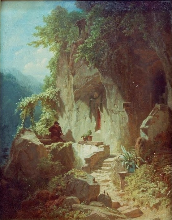 Carl Spitzweg, Musizierender Einsiedler vor seiner Felsklause (Christentum,Deutsche Kunst,Gebirge,Kirche,Kunst,Landschaft,Mann,Musik,Religion,Pergola,Geige,Biedermeier,Eremit,Einsamkeit,Agave,Genre,Felsen,Einsiedelei,Idylle,Weltflucht,Höhlenwohnung)