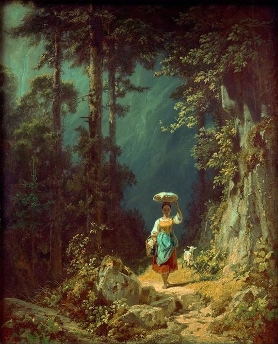 Carl Spitzweg, Mädchen mit Ziege im Gebirgstal I (Bauer (Landwirt),Deutsche Kunst,Frau,Gebirge,Gesinde,Kunst,Landschaft,Mädchen,Wald,Ziege,Biedermeier,Bäuerin,Fussweg,Genre,Weg,Tragen,Magd,Barfuss,Tier,Waldweg,Landbevölkerung,Junge Frau,Fussgängerin,Auf Dem Kopf Tragen,Landwirtschaft)