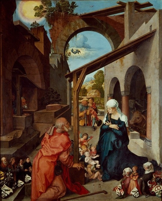 Albrecht Dürer, Die Geburt Christi (Bauernhaus,Christentum,Deutsche Kunst,Engel,Religion,Rind,Weihnachten (Kalenderfeste),Wolke,Zoologie,Renaissance,Esel,Neues Testament,Bibel,Christi Geburt,Altarbild,Stifterbildnis,Stall,Paumgartner-Altar,Stern Von Bethlehem,Bunte Flügel,Wappen)
