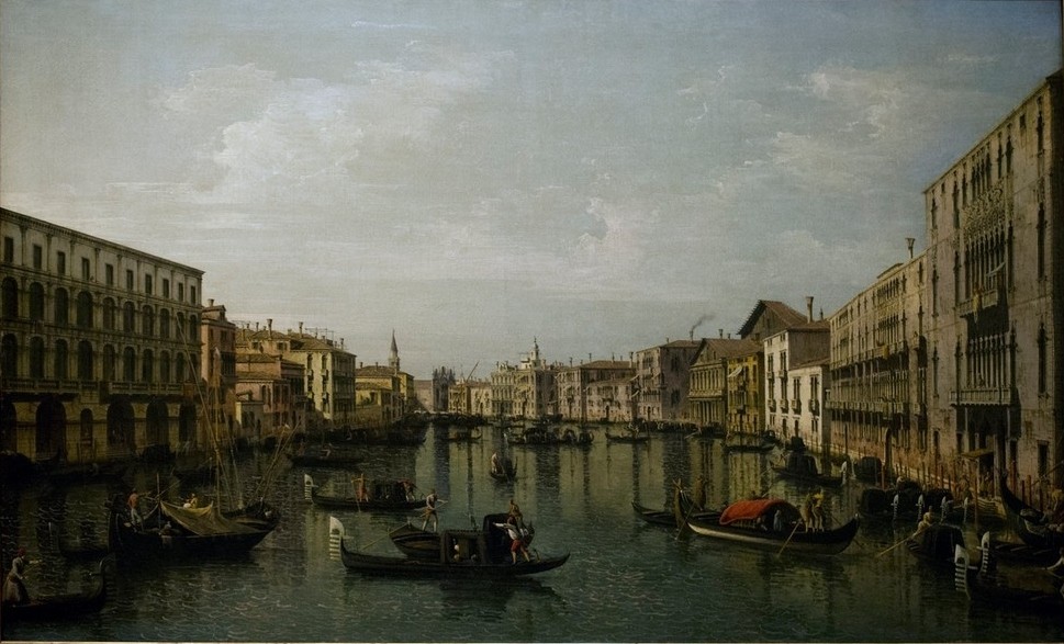 Bernardo Bellotto, View of Grand Canal with the Palazzi Foscari and Moro Lin. National Museum (Venedig, Städte, Architektur,  Canale Grande, Vedute, Stadtansicht, Kanal, Gondeln, historisch, Rokoko, Malerei, Wohnzimmer, Wunschgröße, Klassiker, bunt)