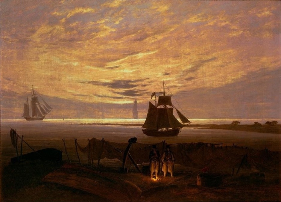 Caspar David Friedrich, Abend am Ostseestrand (Deutsche Kunst,Feuerstelle,Fischer,Landschaft,Segelschiff,Strand,Fischerboot,Tageszeiten,Abend,Anker,Netz,Wärmen,Romantik,Schifffahrt)