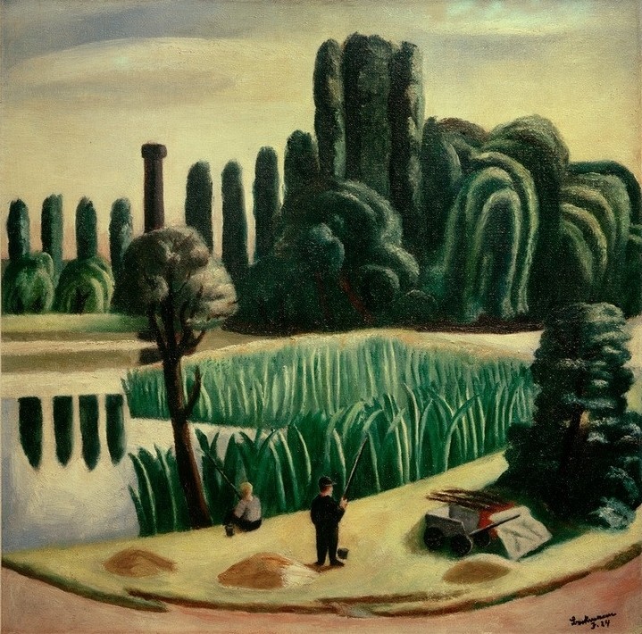 Max Beckmann, Seelandschaft mit Pappeln (See, Schilf, Bäume, Pappeln, Park, Expressionismus, Klassische Moderne, Malerei, Wohnzimmer, Treppenhaus, Wunschgröße, bunt)