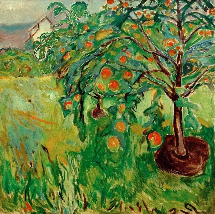 Edvard Munch, Sich biegender Apfelbaum mit Atelier (Apfel,Atelier,Garten Und Park,Jahreszeiten,Künstler,Kunst,Maler (Künstler),Sommer,Baum,Expressionismus,Norwegische Kunst,Apfelbaum,Grün,Skandinavische Kunst,Obstbaum,Garten)