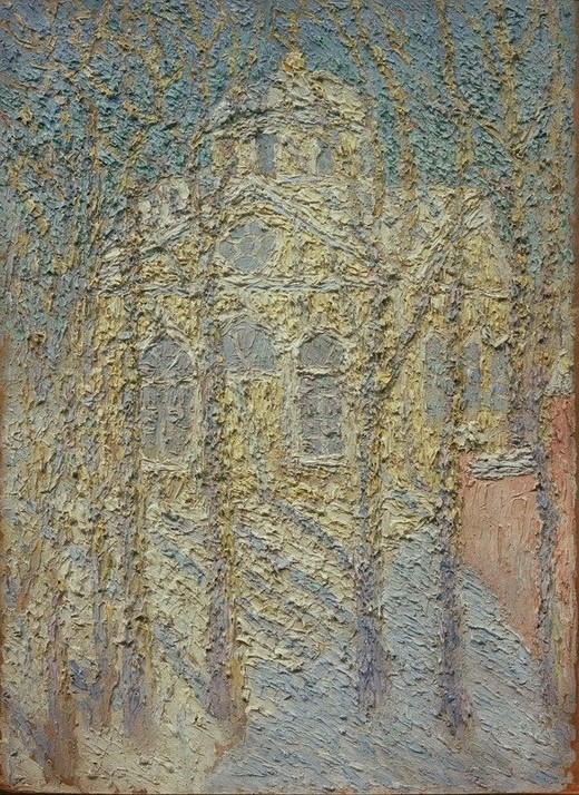 Kasimir Malewitsch, Kirche, um 1906 (Architektur,Kirche,Kunst,Religion,Impressionismus,Baum,Russische Kunst,Architekturdarstellung,Aussenansicht,Ukrainische Kunst,Jahrhundertwende,Sakralbau)