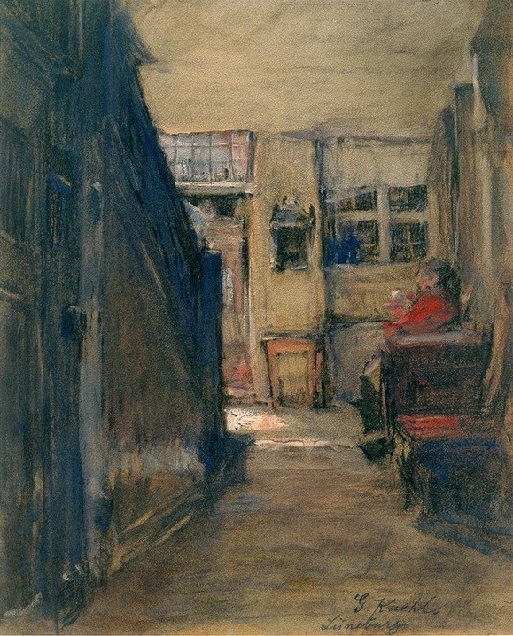 Gotthardt Kuehl, Diele eines alten Hauses in Lüneburg  (Interieur, Zimmer, Stube, karg, arm, Malerei, Klassiker, Wohnzimmer, Treppenhaus, Wunschgröße, bunt)