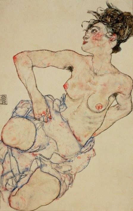 Egon Schiele, Kniender weiblicher Halbakt (Frau,Kunst,Akt,Österreichische Kunst,Erotische Kunst,Halbakt,Knien,Privatsammlung,Ganzfigurig)