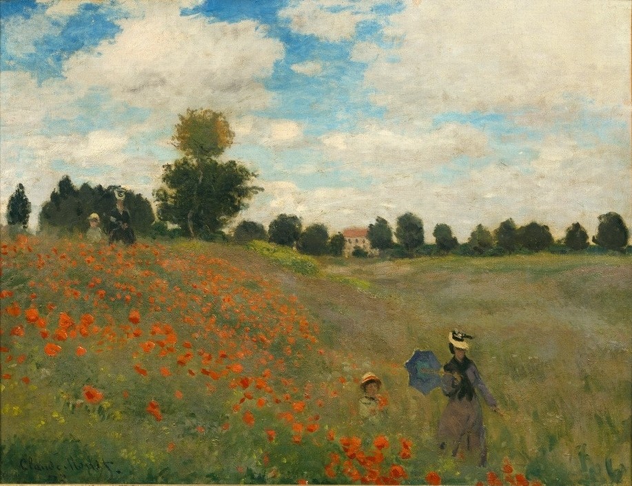 Claude Monet, Les Coquelicots à Argenteuil (Botanik,Frau,Kunst,Landschaft,Mutter Und Kind,Spaziergang,Wolke,Impressionismus,Mohn,Wiese,Sonnenschirm,Französische Kunst,Feld,Blume)