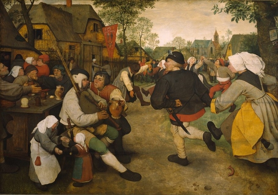 Pieter Brueghel der Ältere, Bauerntanz (Bauer (Landwirt),Bauernhaus,Blasinstrument,Damenmode,Dorf,Dudelsack,Essen Und Trinken,Feste,Herrenmode,Kindermode,Kopfbedeckung,Mode,Musik,Narr,Strassenszene,Strumpf,Szene,Tanz,Tracht,Volksfest,Volkskunde,Platz,Instrument,Renaissance,Trinken,Manierismus,P)