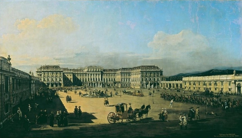 Bernardo Bellotto, Das kaiserliche Lustschloß Schönbrunn, Hofseite (Schloss, Schönbrunn, Platz, Wien, Architektur, Gebäude, Alltagsszene, Kutschen, mittelalterliche Stadt,  historisch, Malerei, Wohnzimmer, Wunschgröße, Klassiker, bunt)