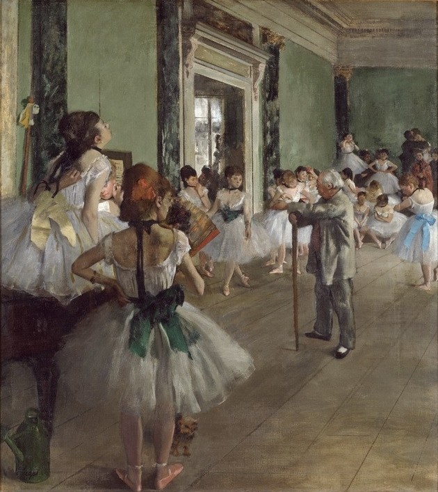 Edgar Degas, La classe de danse (Ballett,Fächer,Ballettmeister,Jugend (Lebensalter),Kind,Mädchen,Pädagogik,Saal,Schule,Tänzer,Tänzerin,Tanz,Impressionismus,Unterricht,Französische Kunst,Tanzschule,Tanzlehrer,Kleidung (Allgemein),Holzfussboden,Tutu (Ballett))
