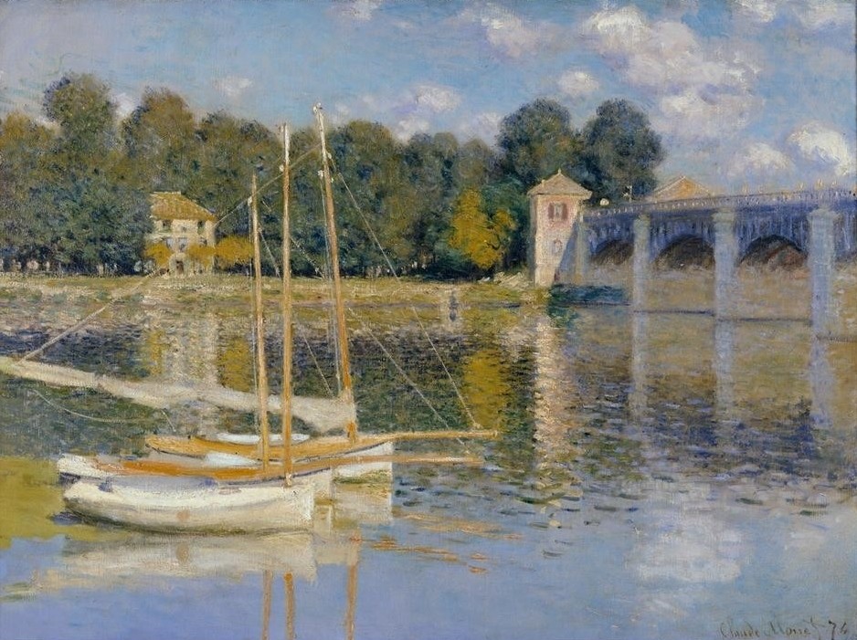 Claude Monet, Le Pont d’Argenteuil (Architektur,Brücke,Kunst,Landschaft,Schiff,Wasser,Impressionismus,Segelboot,Fluss,Spiegelung,Französische Kunst,Mast,Schifffahrt,Vier Elemente)