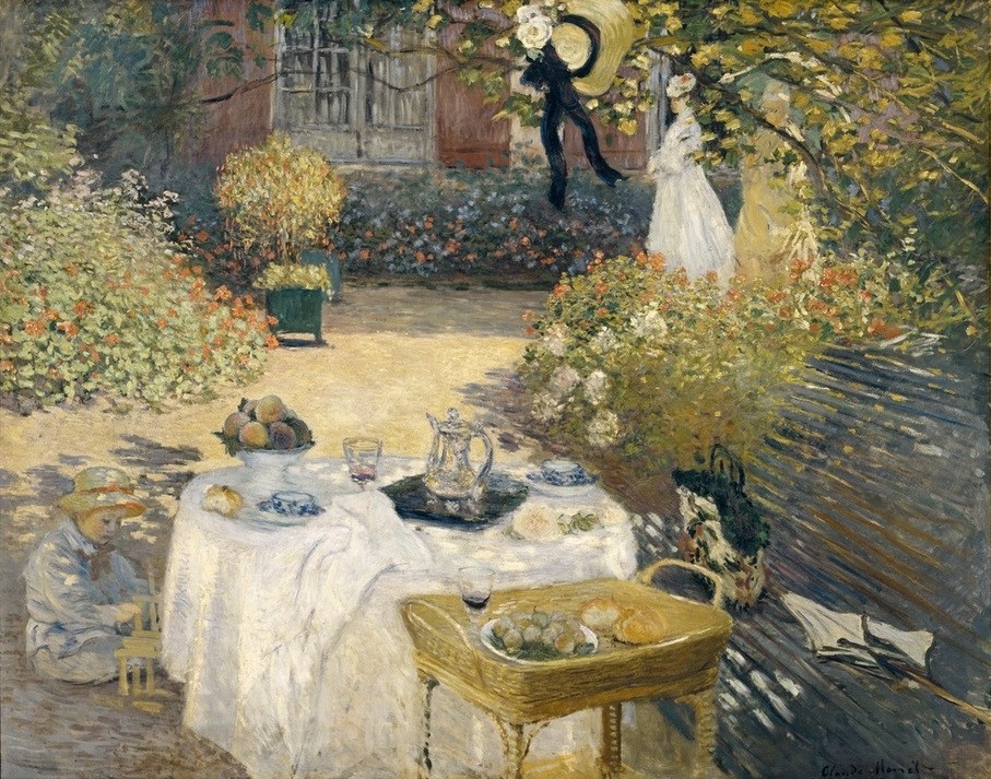 Claude Monet, Le Déjeuner (Botanik,Essgeschirr,Kaffee,Kind,Künstlerleben,Obst,Park,Picknick,Spiel,Tafelsitten,Tageszeiten,Impressionismus,Frühstück,Schatten,Gartenmöbel,Hausgarten,Mittagessen,Tischtuch,Künstlerhaus (Wohnhaus),Französische Kunst,Harmonie,Bauklötze,Menschen Im Garten)