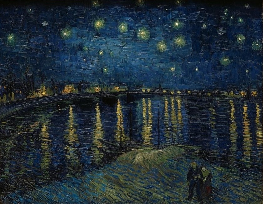 Vincent van Gogh, Sternennacht über der Rhône (Himmel (Natur),Landschaft,Monat,September,Stern,Nacht,Impressionismus,Fluss,Spiegelung,Französische Kunst,Niederländische Kunst,Licht,Firmament,Blau)