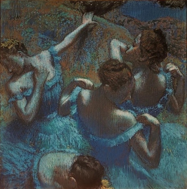 Edgar Degas, Tänzerinnen in Blau (Ballett,Frau,Jugend (Lebensalter),Tänzerin,Tanz,Theater,Impressionismus,Französische Kunst,Schulter,Blau,Corps De Ballet,Jahrhundertwende)