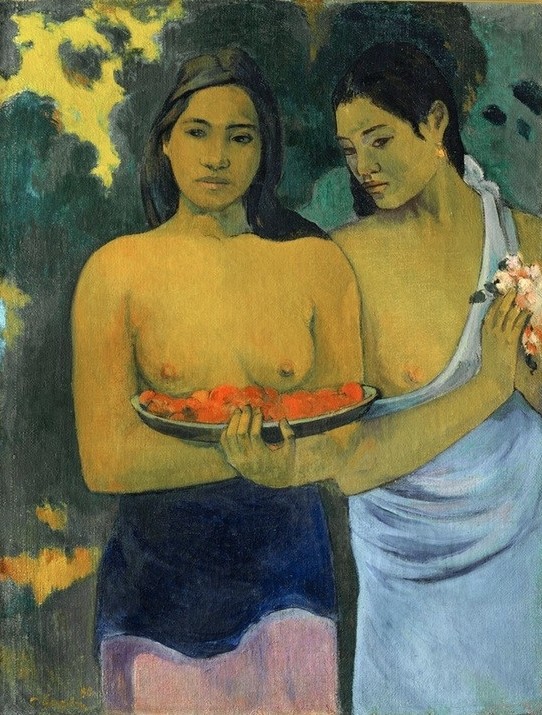 Paul Gauguin, Zwei Tahitierinnen (Anatomie,Erotik,Frau,Früchte,Jugend (Lebensalter),Völkerkunde,Schönheit,Busen,Portrait,Ästhetik,Französische Kunst,Gefäss,Exotik,Schüssel,Blume,Jahrhundertwende,Schwarze Haare,Junge Frau,Tropen,Trinkgeschirr,Synthetismus,Rot,Blumenschale,Schule Von Pont-A)