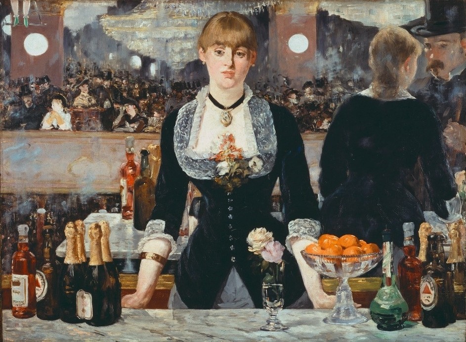 Edouard Manet, Un bar aux Folies-Bergère (Bar,Damenmode,Frau Und Beruf,Gastronomie,Bedienung,Mieder,Mineralwasser,Nachtleben,Rose,Dekollete,Französische Kunst,Blonde Haare,Bardame,Sektflasche)