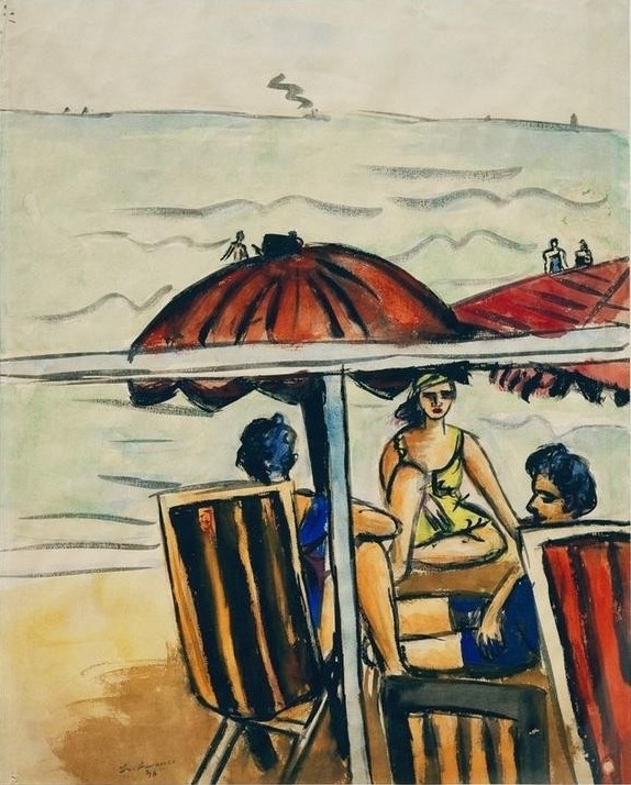 Max Beckmann, Strandszene mit Sonnenschirmen (Meer, Sand, Strand, Sommer, Sonnenschirme, Urlaub, Expressionismus, Klassische Moderne, Malerei, Wohnzimmer, Treppenhaus, Wunschgröße, bunt)