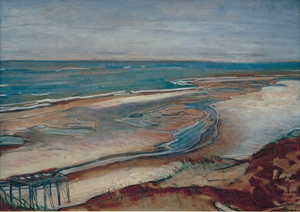 Max Beckmann, Strandlandschaft (Meer, Strand, Horizont, Expressionismus, Klassische Moderne, Grafik, Studie, Wohnzimmer, Treppenhaus, Wunschgröße, bunt)