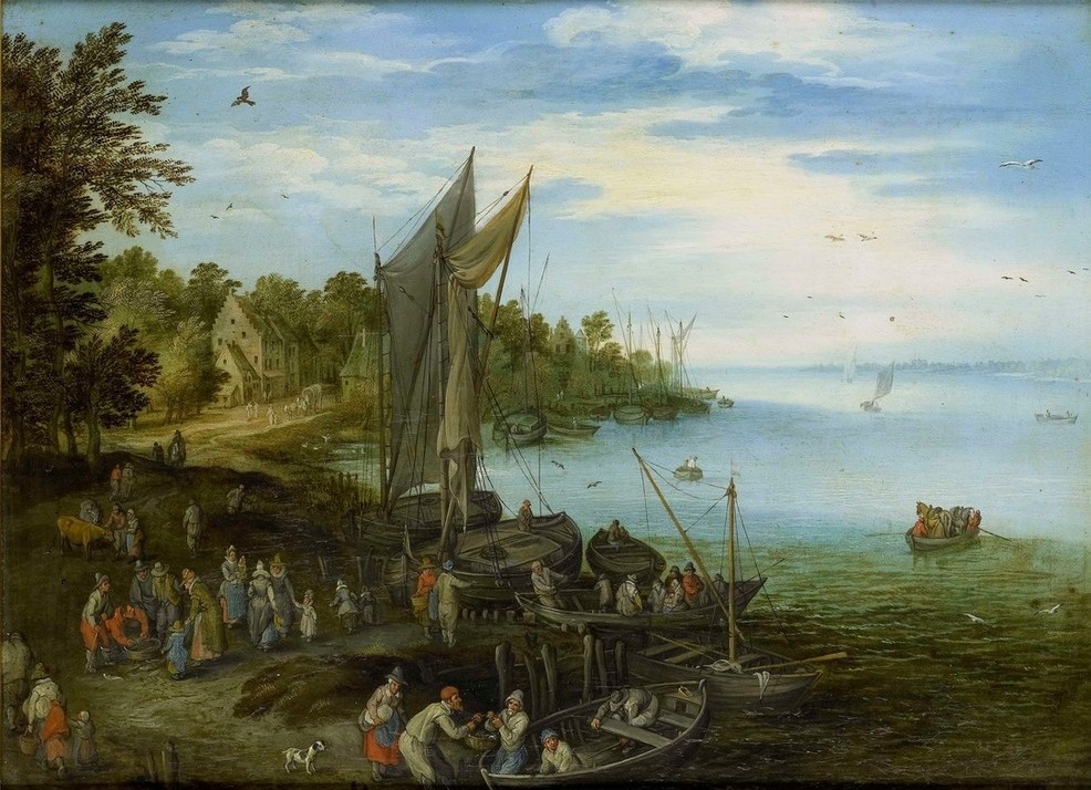 Jan Brueghel der Ältere, Flussufer (Segelschiff, Boote, Fischer, Fischmarkt, Fähre, Menschen, Fluss, Ufer, Landschaft, Barock, Klassiker, Malerei, Wunschgröße, Wohnzimmer, bunt)