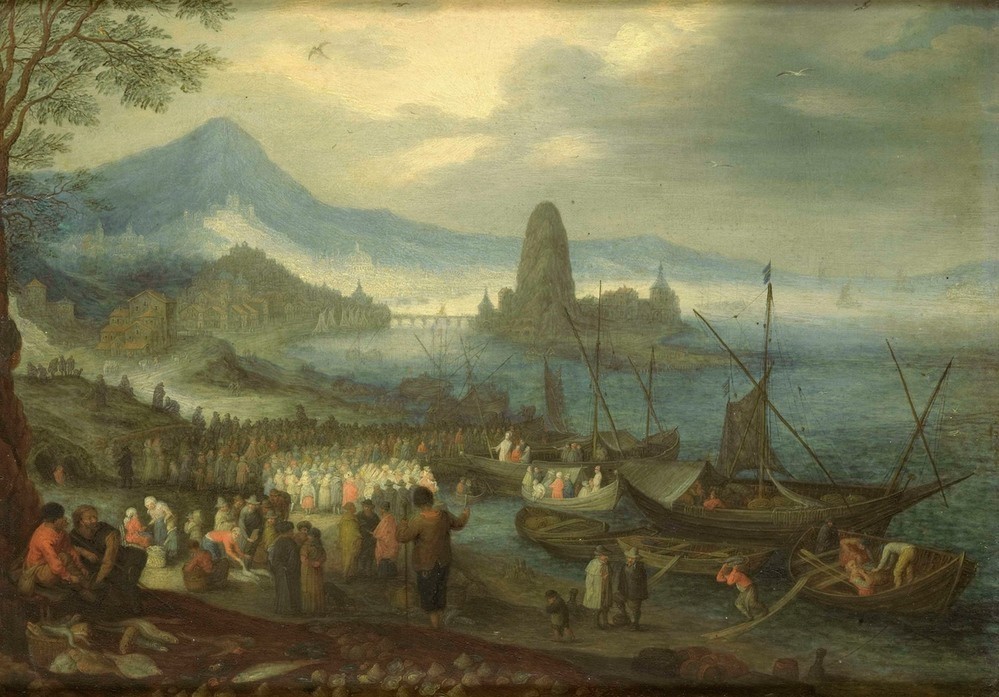 Jan Brueghel der Ältere, Die Predigt am See Genezareth (Fischerboote, Predigt, Fischmarkt, Bibel, Neues Testament, Jesus Christus, Landschaft, Barock, Klassiker, Malerei, Wunschgröße, Wohnzimmer, bunt)