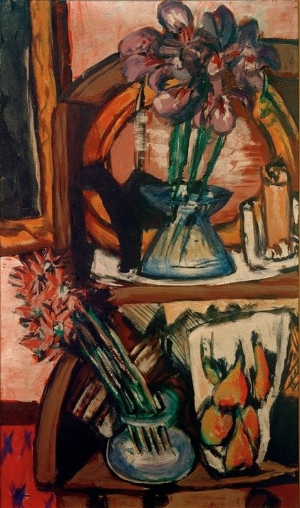 Max Beckmann, Stillleben mit zwei Blumenvasen (Stillleben, Expressionismus, Klassische Moderne, Malerei, Wohnzimmer, Esszimmer, Treppenhaus, Wunschgröße, bunt)
