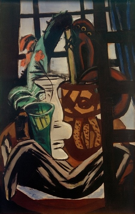 Max Beckmann, Atelier mit Tisch und Gläsern (Stillleben, Expressionismus, Klassische Moderne, Malerei, Wohnzimmer, Esszimmer, Treppenhaus, Wunschgröße, bunt)