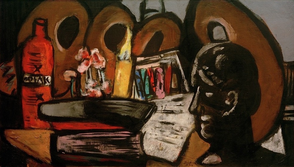 Max Beckmann, Stillleben mit Paletten (Stillleben, Expressionismus, Klassische Moderne, Malerei, Wohnzimmer, Esszimmer, Treppenhaus, Wunschgröße, bunt)