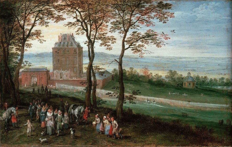 Jan Brueghel der Ältere, Erzherzog Albrecht und Isabella vor Schloß Mariemont (Gesellschaftliches Leben,  Landschaft, Schloss, Spaziergang, Stände, Höfische Gesellschaft, Architektur, Barock, Klassiker, Malerei, Wunschgröße, Wohnzimmer, bunt)